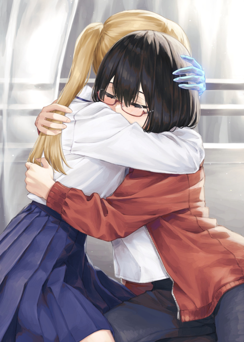 2girls, banana_oekaki, black_hair, blonde_hair, blue_skirt, brown_hair, closed_eyes, glasses