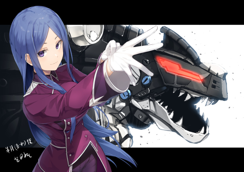 1girl, bangs, blue_hair, breasts, buttons, collared_shirt, double-breasted, gloves, hannah_melville, long_hair, long_sleeves, mecha, meth_(emethmeth), parted_bangs, shirt, sidelocks, smile, solo, violet_eyes, white_gloves, zoids_wild_zero