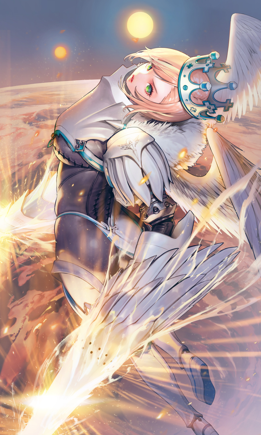 1girl, absurdres, armor, armos, blonde_hair, charlotte_(destiny_child), clouds, cross