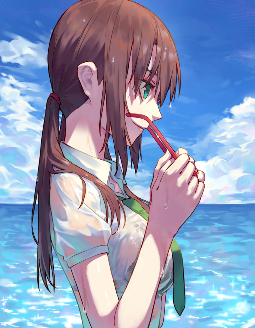 1girl, 7aehyun, black_bra, blue_sky, bra, breasts, brown-haired_cat_girl_(kevbot), clouds, cowboy_shot, from_side, green_eyes, green_neckwear, highres, holding, holding_eyewear, lace-trimmed_bra, lace_trim, long_hair, makinami_mari_illustrious, medium_breasts, necktie, neon_genesis_evangelion, ocean, rebuild_of_evangelion, red-framed_eyewear, removing_eyewear, see-through_shirt, shirt, sky, smile, solo, twintails, underwear, water, wet, wet_clothes, white_shirt