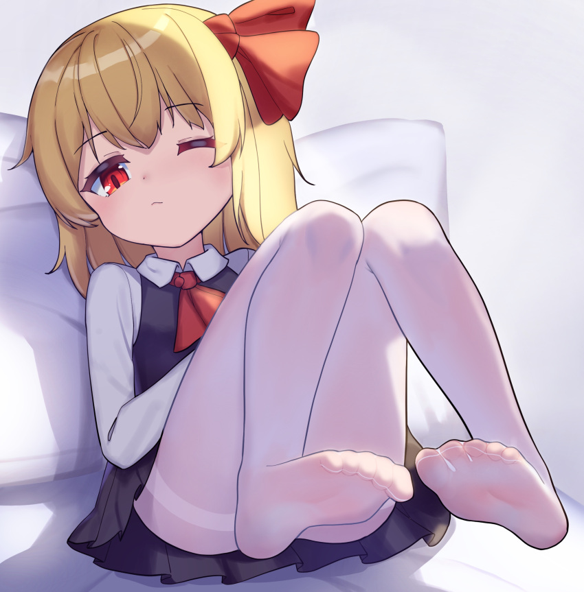 1girl, ascot, black_skirt, black_vest, blonde_hair, collared_shirt, full_body, hair_ribbon