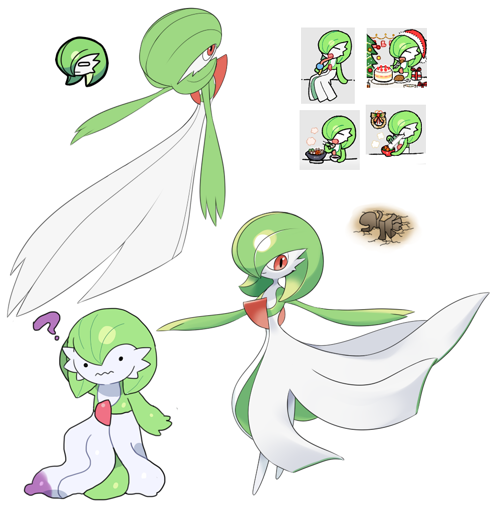._., 1girl, :t, ?, arm_up, arms_up, bangs, black_eyes, bob_cut, bowl, box, cake, chicken_leg, chopsticks, christmas_stocking, christmas_tree, closed_eyes, closed_mouth, clothed_pokemon, colored_skin, commentary, cup, ditto, drink, drinking_glass, drinking_straw, flat_chest, food, fork, from_above, from_behind, fruit, full_body, fur-trimmed_headwear, gardevoir, gift, gift_box, green_hair, green_skin, hair_between_eyes, hair_over_one_eye, hand_up, happy, hat, holding, holding_chopsticks, holding_food, holding_fork, hole, ice_cream, ice_cream_cone, licking, lotosu, multicolored, multicolored_skin, multiple_views, noodles, open_mouth, outstretched_arms, person-shaped_hole, plate, pokemon, pokemon_(creature), pom_pom_(clothes), ramen, red_eyes, red_headwear, santa_hat, scratching_head, shiny, shiny_hair, short_hair, sitting, smile, standing, steam, strawberry, tongue, tongue_out, two-tone_skin, udon, upper_body, wavy_mouth, white_skin, wreath