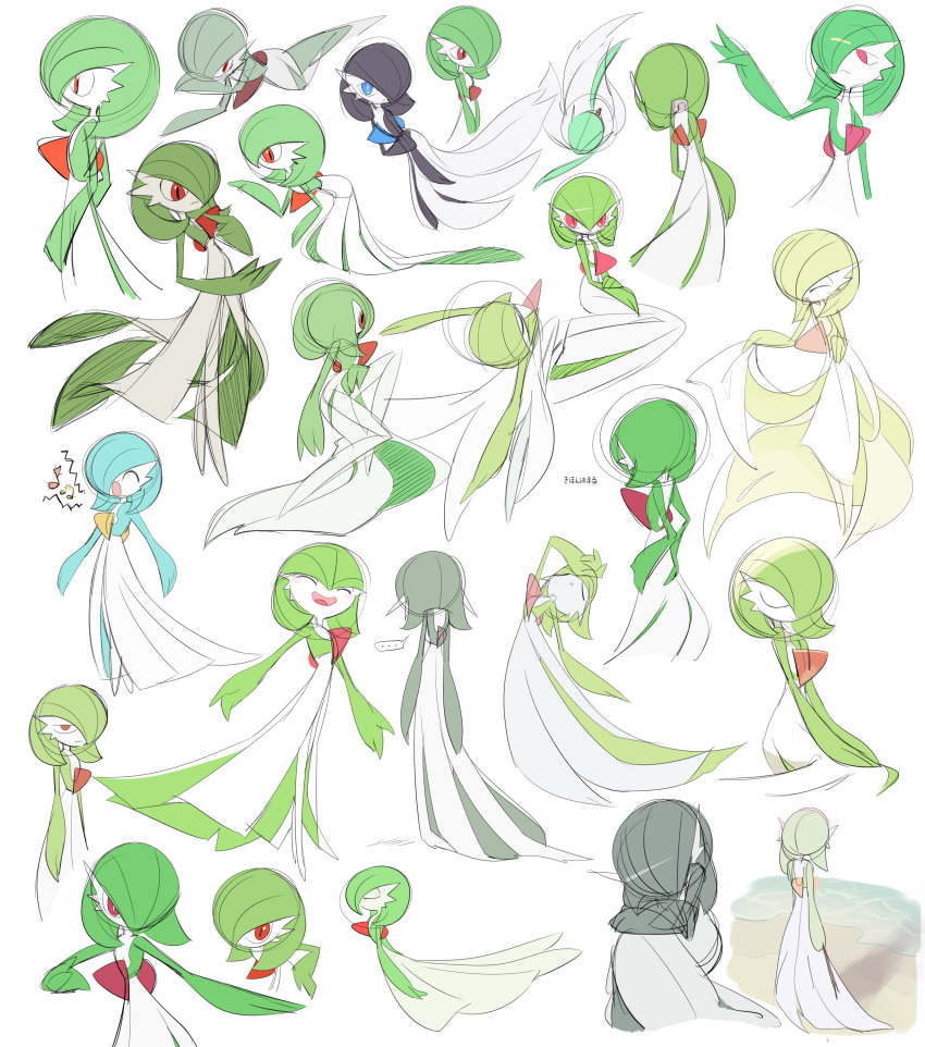 ..., ^_^, absurdres, all_fours, alternate_color, arm_up, arms_at_sides, back, bad_singing, bangs, beach, bent_over, black_hair, black_skin, blue_eyes, blue_hair, blue_skin, blush, blush_stickers, bob_cut, bored, bright_pupils, closed_eyes, closed_mouth, colored_skin, commentary, cowboy_shot, curtsey, day, expressionless, flat_chest, from_above, from_behind, from_side, full_body, gardevoir, green_hair, green_skin, hair_between_eyes, hair_over_one_eye, half-closed_eyes, hand_on_hip, hand_on_own_thigh, hand_up, hands_on_hips, happy, head_back, highres, holding_own_arm, kneeling, leaning_back, lifted_by_self, looking_at_viewer, looking_down, lotosu, multicolored, multicolored_skin, multiple_girls, music, musical_note, ocean, outdoors, outstretched_arm, outstretched_arms, own_hands_together, pokemon, pokemon_(creature), profile, red_eyes, sand, shiny, shiny_hair, shiny_pokemon, short_hair, singing, sitting, sketch, smile, speech_bubble, spoken_ellipsis, standing, translation_request, transparent, two-tone_skin, upper_body, v_arms, water, white_pupils, white_skin, yokozuwari