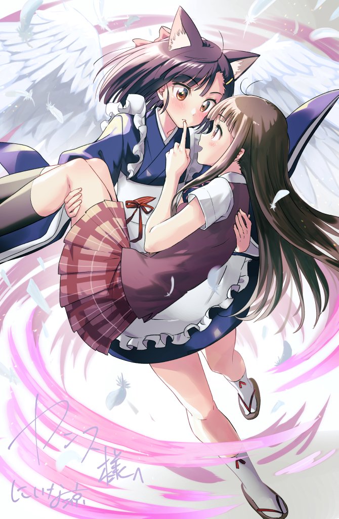 2girls, alternate_costume, angel_wings, animal_ears, bangs, black_hair, blush, brown_eyes, brown_hair, carrying, cat_ears, enmaided, feathers, finger_to_mouth, hair_ornament, hairpin, konoe_konoka, long_hair, mahora_academy_middle_school_uniform, mahou_sensei_negima!, maid, multiple_girls, niina_ryou, plaid, princess_carry, sakurazaki_setsuna, school_uniform, skirt, smile, tabi, wide_sleeves, wings, yuri, zouri