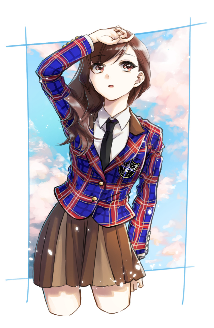1girl, arm_at_side, arm_up, bangs, black_neckwear, blazer, blue_jacket, blue_sky