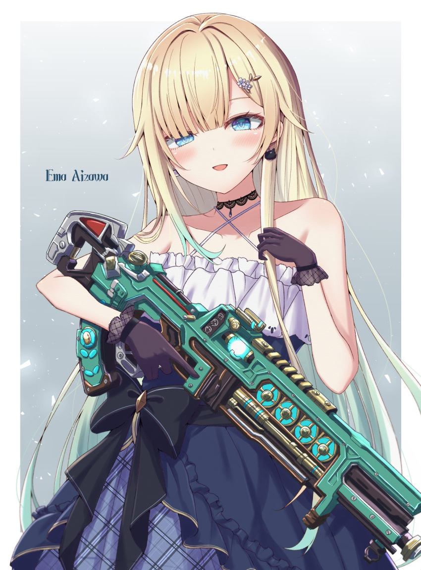 1girl, aizawa_ema, apex_legends, assault_rifle, bangs, black_choker, black_gloves, blonde_hair