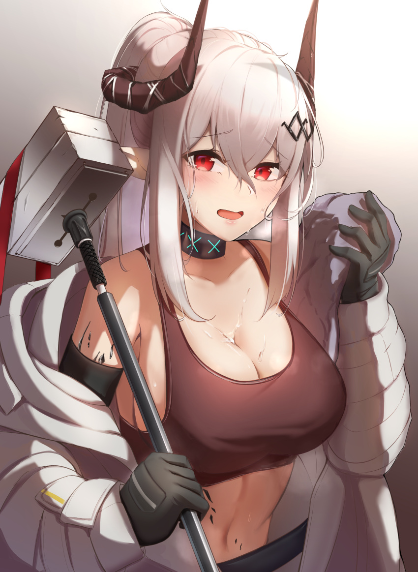1girl, absurdres, alternate_hairstyle, arknights, bangs, bare_shoulders, black_gloves, blush