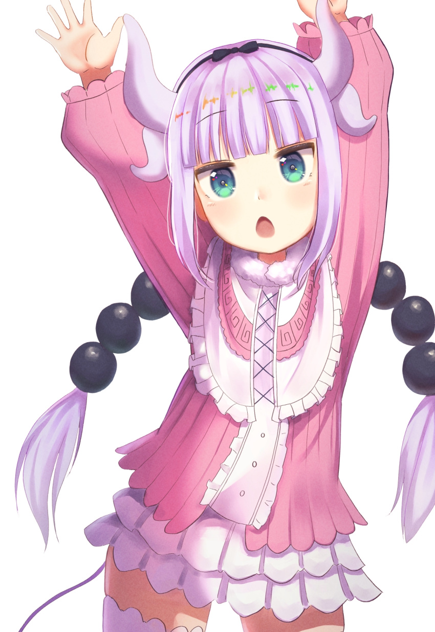 1girl, arms_up, bangs, blunt_bangs, commentary_request, dragon_girl, dragon_horns, dragon_tail
