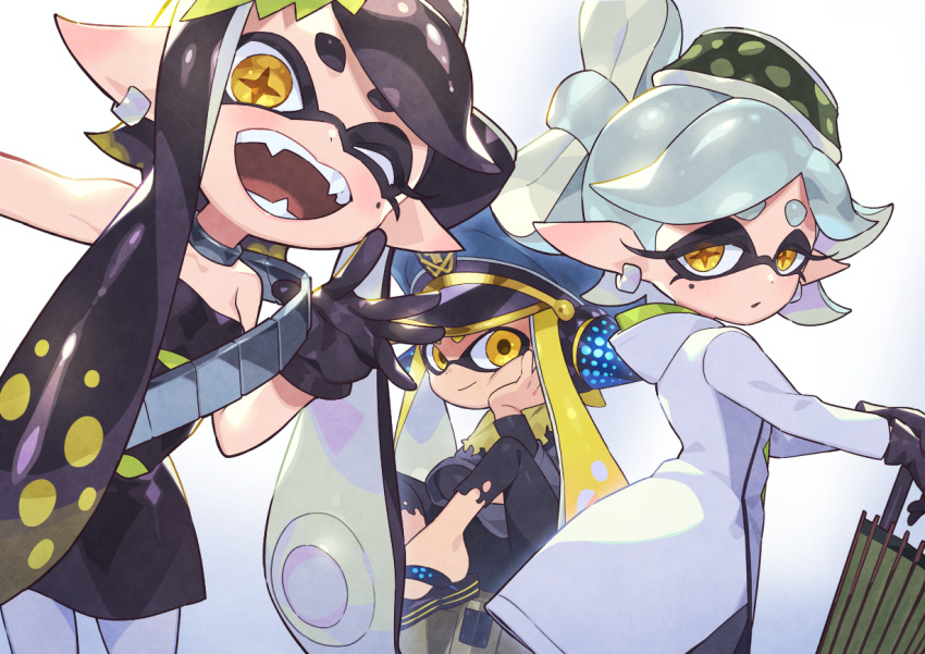 3girls, agent_3_(splatoon_3), bangs, bare_shoulders, black_dress, black_gloves, black_hair, black_pants
