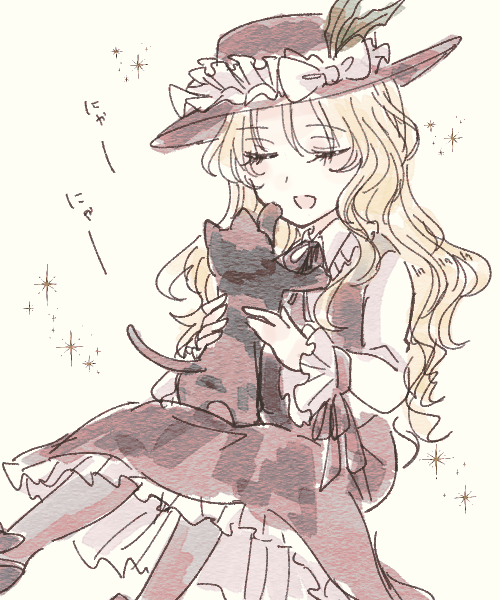 black_legwear, black_neckwear, black_ribbon, brown_dress, brown_headwear, cat, closed_eyes, dolls_in_pseudo_paradise