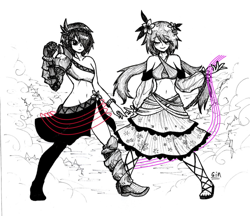 2girls, adapted_costume, boots, collarbone, flower, gin_ichimaru72, hair_flower, hair_ornament, highres, leg_strap, long_hair, midriff, multiple_girls, navel, one_eye_covered, sandals, short_hair, skirt, stomach, touhou, tsukumo_benben, tsukumo_yatsuhashi, twintails