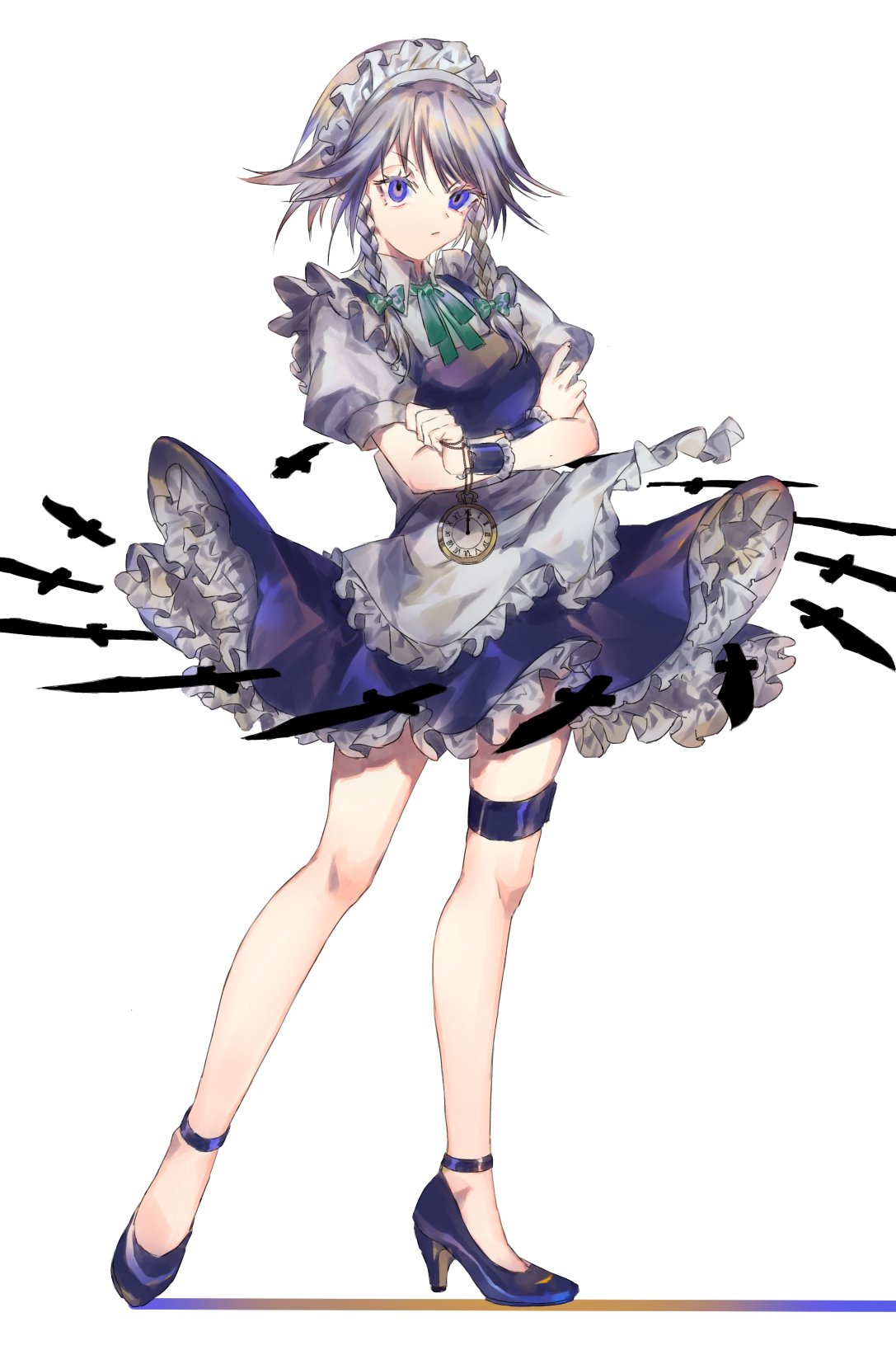 ama_asagi, apron, bare_legs, blue_dress, blue_eyes, blue_footwear, braid, breasts, dress, frilled_dress, frills, full_body, green_neckwear, high_heels, highres, izayoi_sakuya, knife, looking_at_viewer, maid, maid_apron, maid_headdress, medium_breasts, puffy_short_sleeves, puffy_sleeves, shirt, short_hair, short_sleeves, silver_hair, simple_background, thigh_strap, touhou, twin_braids, waist_apron, white_apron, white_background, white_shirt