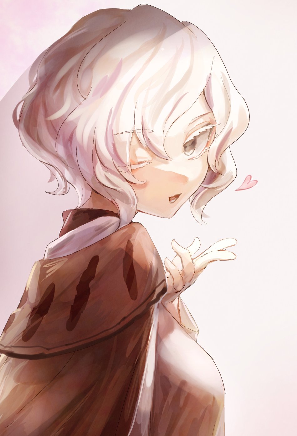 1girl, brown_coat, coat, colored_eyelashes, grey_eyes, heart, hemo_(hemoroda), highres, len'en, one_eye_closed, shitodo_hoojiro, short_hair, smile, solo, white_hair