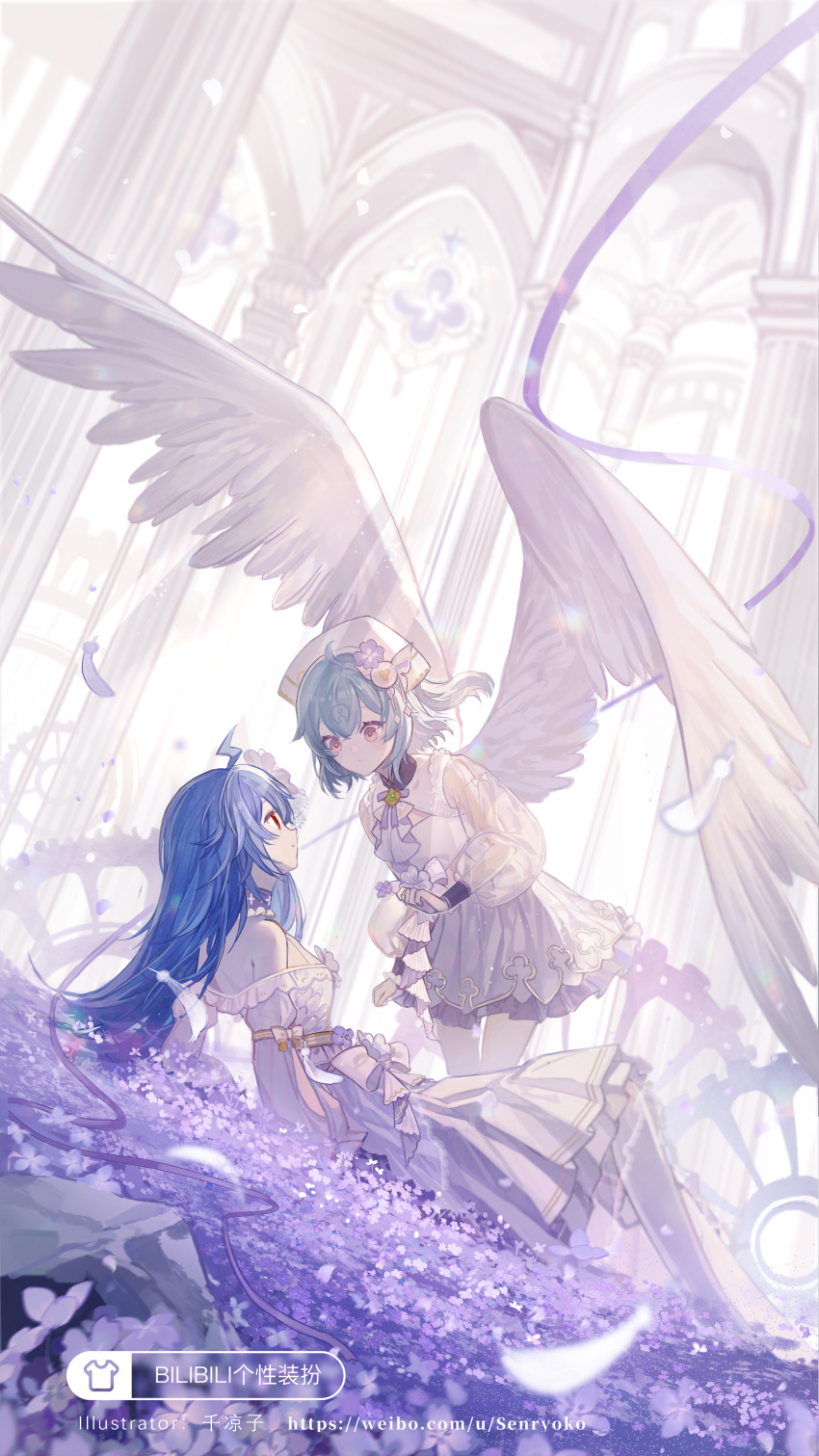 2girls, absurdres, ahoge, angel_wings, arm_at_side, arms_at_sides, artist_name, ascot