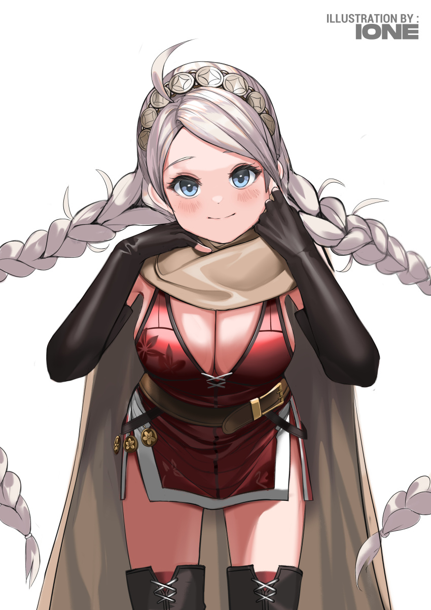 1girl, absurdres, ahoge, bangs, blue_eyes, boots, braid, breasts, cape, closed_mouth, commission, commissioner_upload, cosplay, fingerless_gloves, fire_emblem, fire_emblem:_the_binding_blade, gloves, hairband, highres, igrene_(fire_emblem), igrene_(fire_emblem)_(cosplay), ioneare, large_breasts, long_hair, looking_at_viewer, nina_(fire_emblem), silver_hair, thigh-highs, thigh_boots, thighs, transparent_background, twin_braids, upper_body, very_long_hair