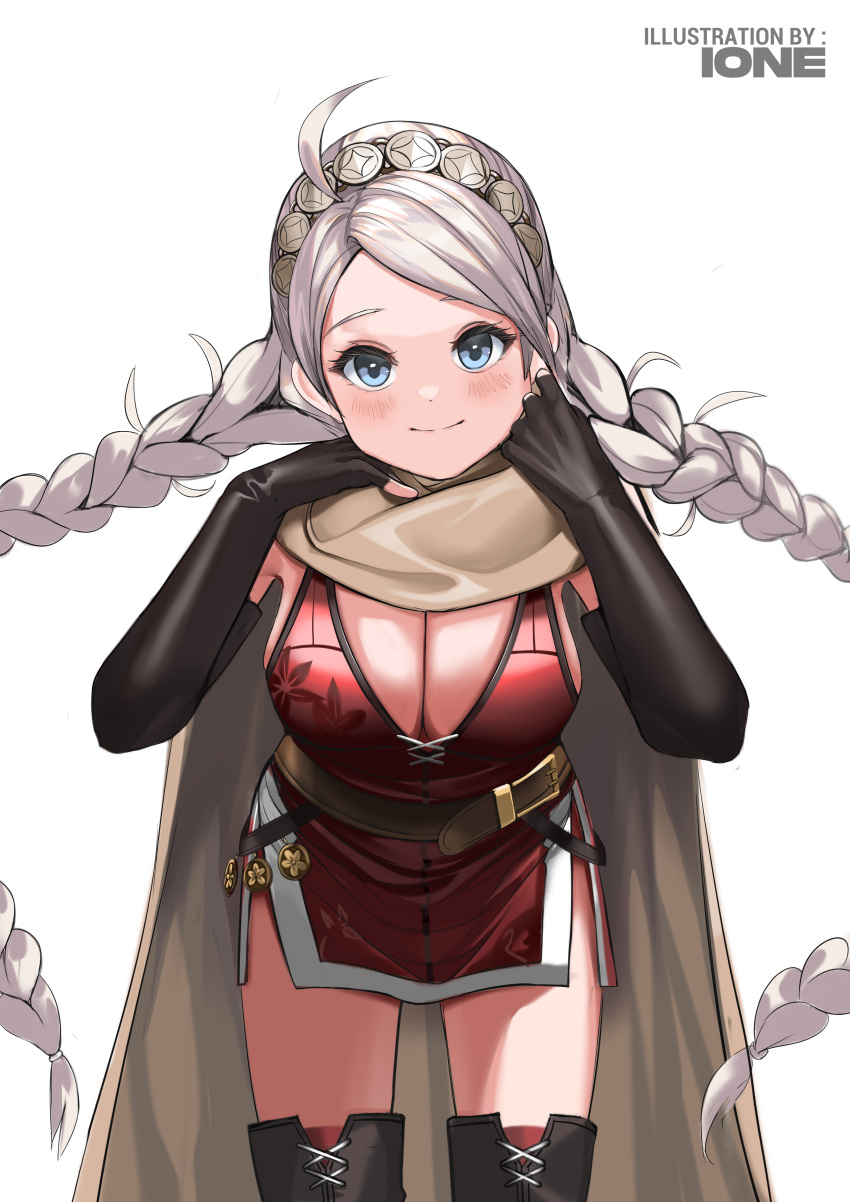 1girl, absurdres, ahoge, bangs, blue_eyes, boots, braid, breasts, cape, closed_mouth, commission, commissioner_upload, cosplay, fingerless_gloves, fire_emblem, fire_emblem:_the_binding_blade, gloves, hairband, highres, igrene_(fire_emblem), igrene_(fire_emblem)_(cosplay), ioneare, large_breasts, long_hair, looking_at_viewer, nina_(fire_emblem), silver_hair, thigh-highs, thigh_boots, thighs, twin_braids, upper_body, very_long_hair, white_background