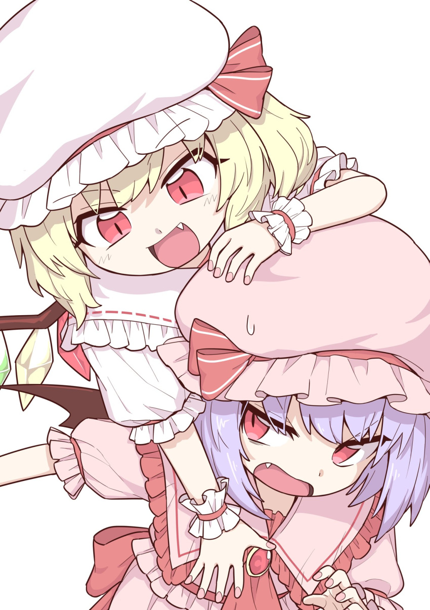 2girls, :d, bangs, bat_wings, blonde_hair, brooch, crystal, eyebrows_visible_through_hair