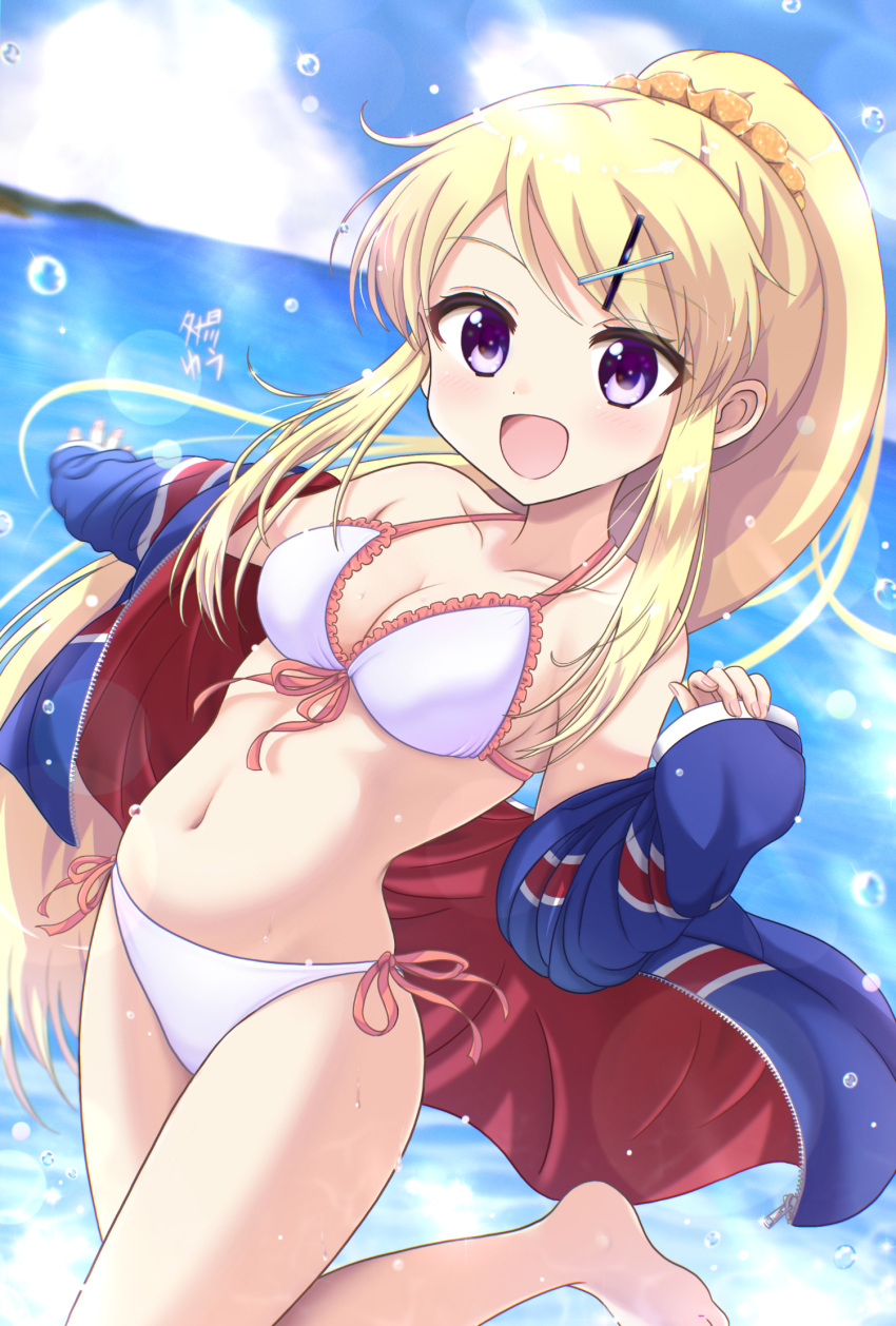 1girl, beach, bikini, blonde_hair, blue_jacket, blue_sky, blurry, breasts