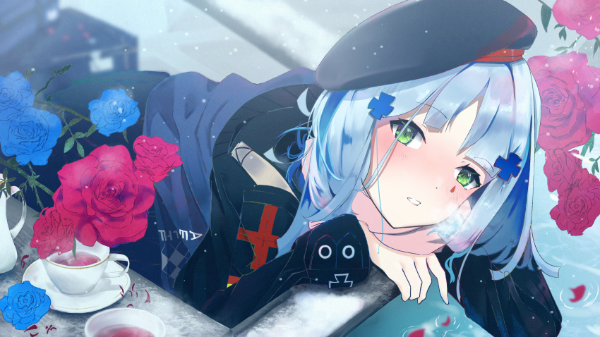 1girl, absurdres, bangs, beret, black_headwear, blue_hair, blush, crossed_arms