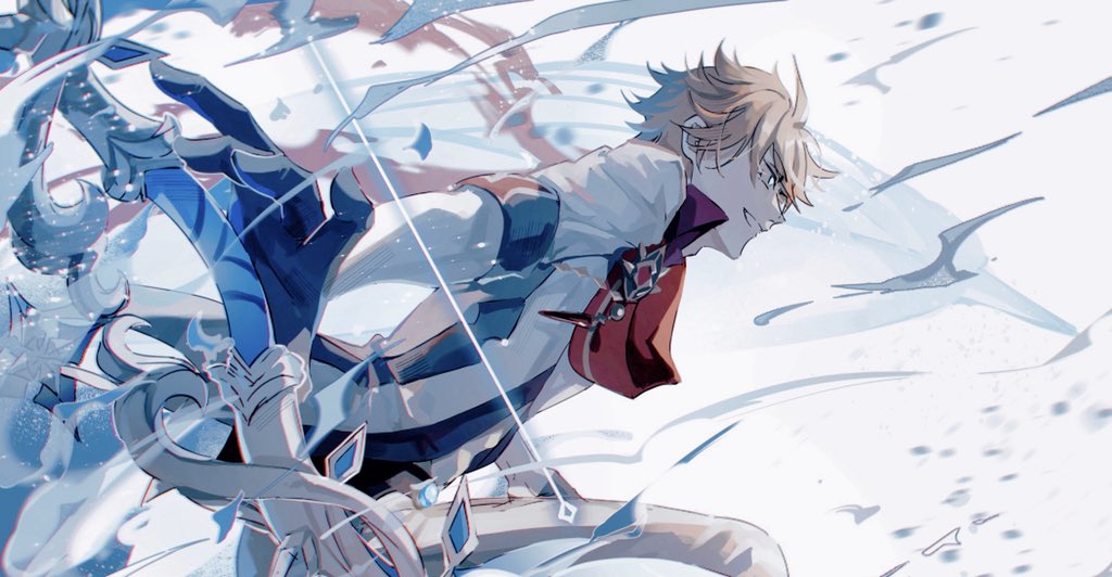 1boy, ahoge, bangs, black_gloves, blue_eyes, bow_(weapon), erdff720, genshin_impact, gloves, grey_pants, grey_shirt, grin, holding, holding_bow_(weapon), holding_weapon, looking_to_the_side, male_focus, narwhal, orange_hair, pants, red_scarf, scarf, shirt, smile, solo, tartaglia_(genshin_impact), upper_body, water, weapon
