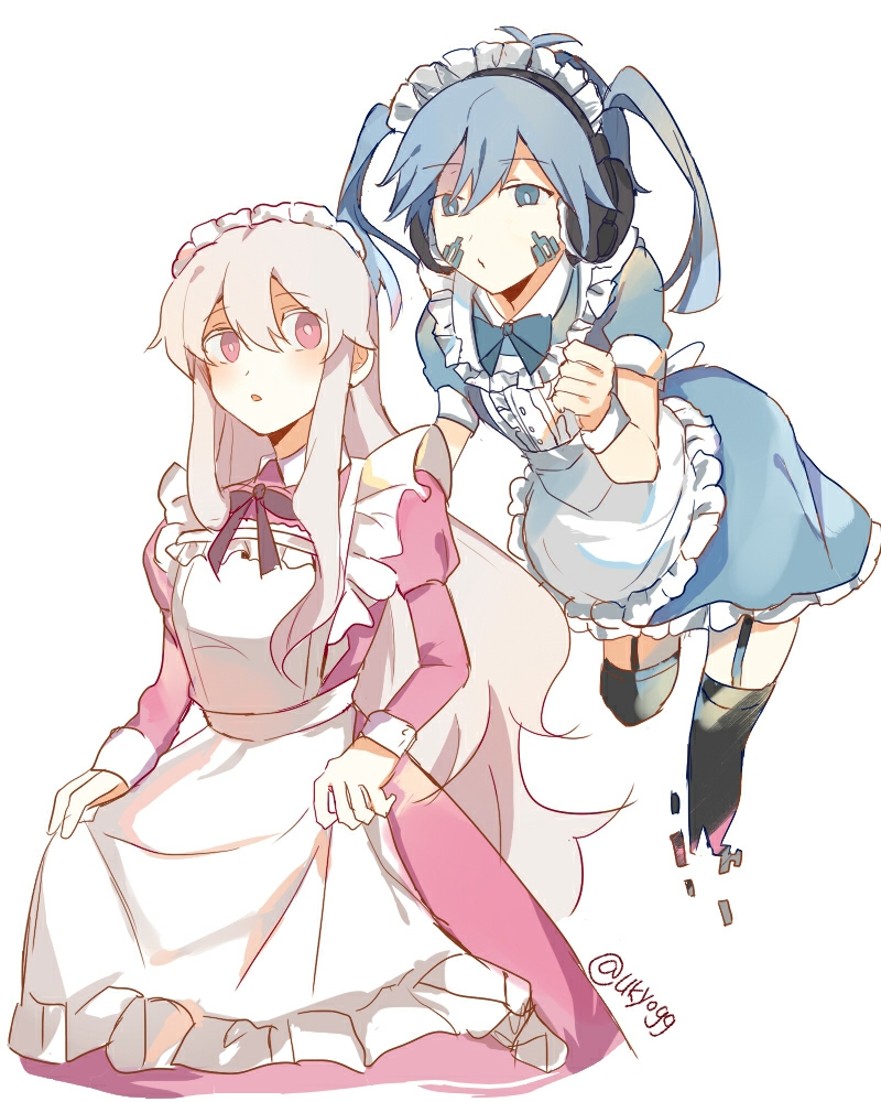 2girls, alternate_costume, antenna_hair, apron, bangs, black_bow, black_legwear, blue_bow