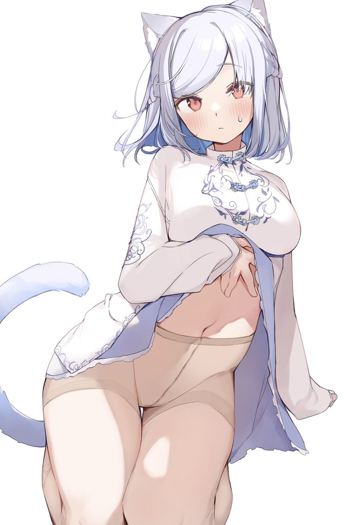 1girl, animal_ear_fluff, animal_ears, bangs, blue_hair, blush, breasts, cat_ears