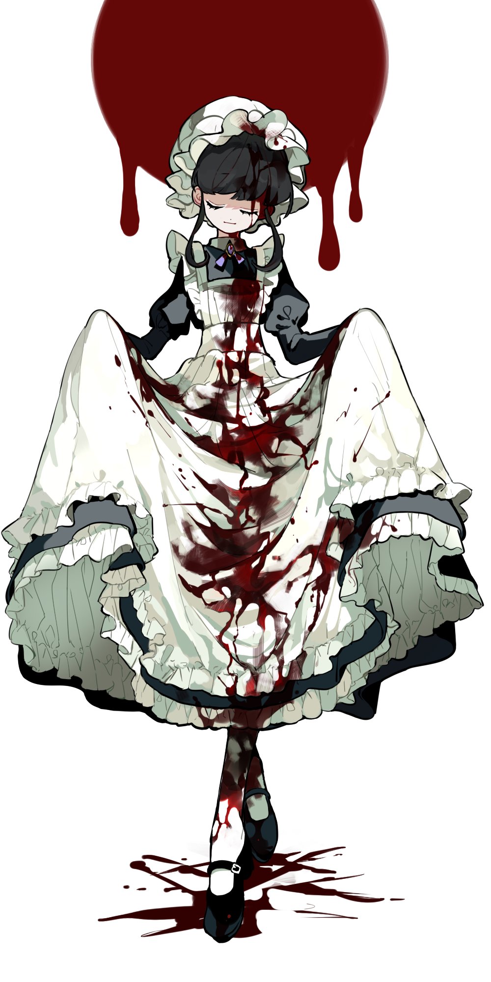 1girl, apron, bangs, black_dress, black_footwear, black_hair, blood, blood_in_hair, blood_on_clothes, blood_on_face, blood_on_shoes, blood_splatter, bloody_apron, closed_eyes, closed_mouth, clothes_grab, dress, dress_grab, frilled_apron, frilled_dress, frilled_hat, frills, full_body, hareru, hat, highres, juliet_sleeves, long_sleeves, maid, mary_janes, moon, original, pillow_hat, puffy_sleeves, red_moon, shoes, sidelocks, sleeve_cuffs, smile, solo, victorian_maid, white_apron, white_headwear, white_legwear