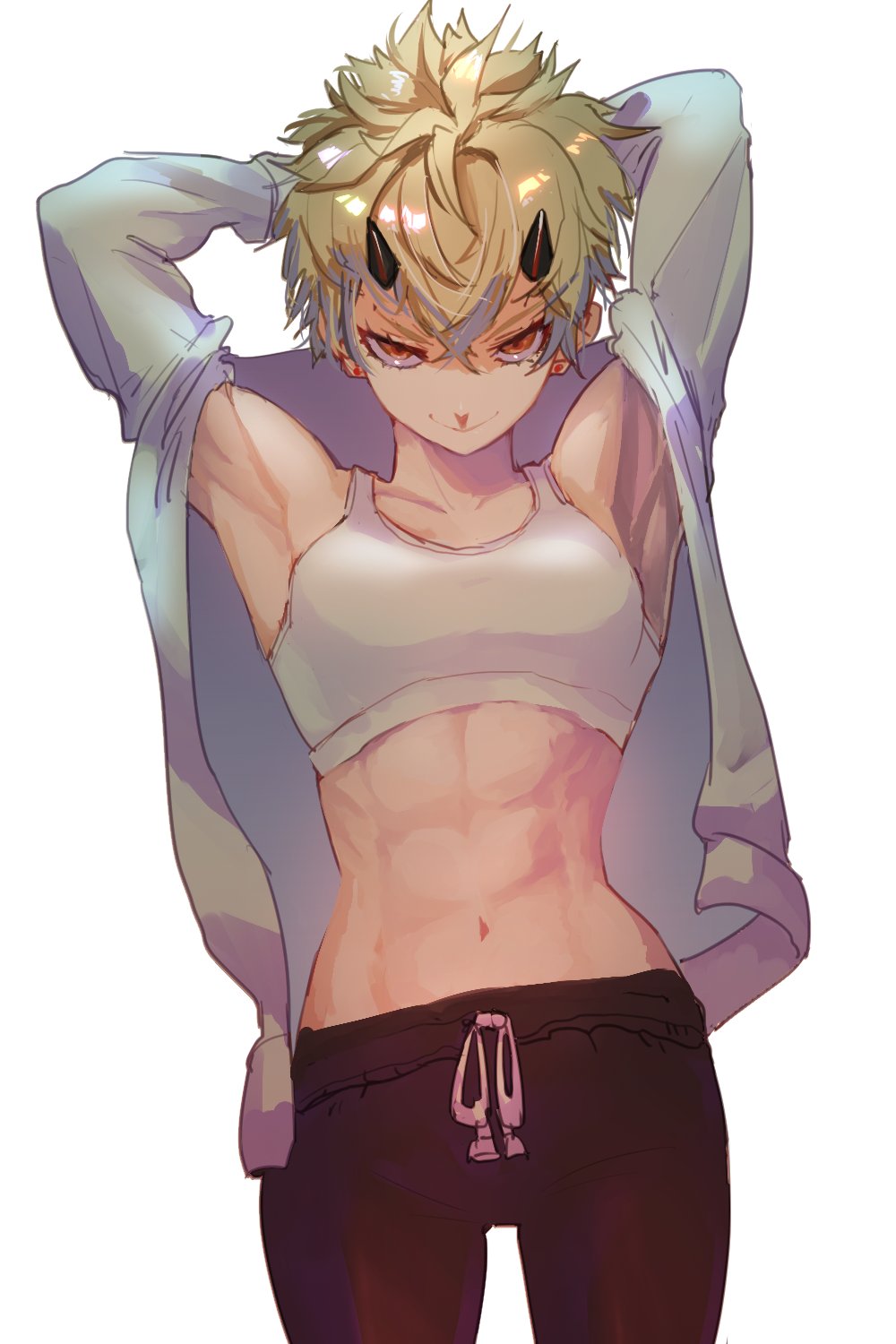 >:), 1girl, abs, armpits, arms_behind_head, bangs, bare_shoulders, black_legwear, blonde_hair, bra, collarbone, cowboy_shot, ear_piercing, highres, horns, jacket, jacket_removed, leggings, muscular, muscular_female, navel, orange_eyes, original, piercing, rasetsu001, short_hair, simple_background, solo, sports_bra, tomboy, underwear, v-shaped_eyebrows, white_background, white_bra, white_jacket
