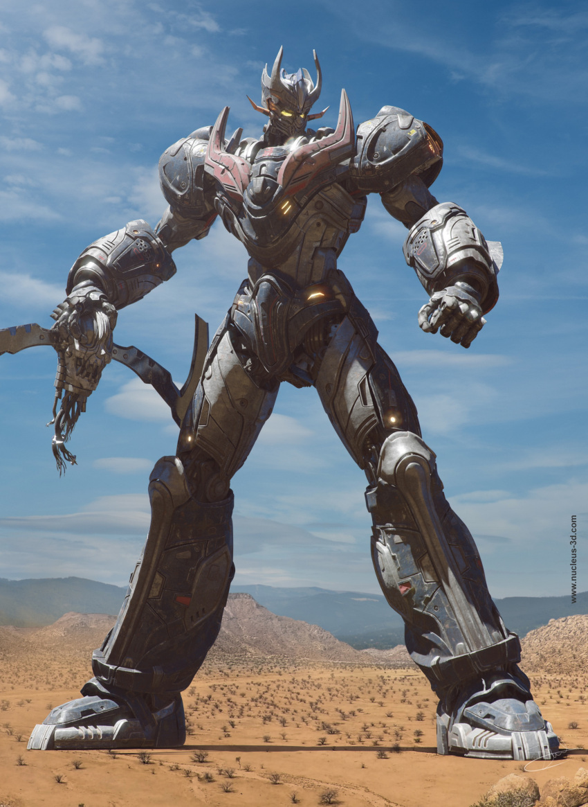 3d, absurdres, cable, clouds, commentary, corpse, damaged, desert, dirty, dust, english_commentary, garada_k7_(robot), glowing, glowing_eyes, highres, lights, machinery, mazinger_(series), mazinger_z, mazinger_z:_infinity, mazinger_z_(mecha), mecha, mountainous_horizon, nduul, pacific_rim, parody, photo_background, realistic, redesign, robot, science_fiction, severed_head, signature, style_parody, super_robot, victory, web_address, yellow_eyes