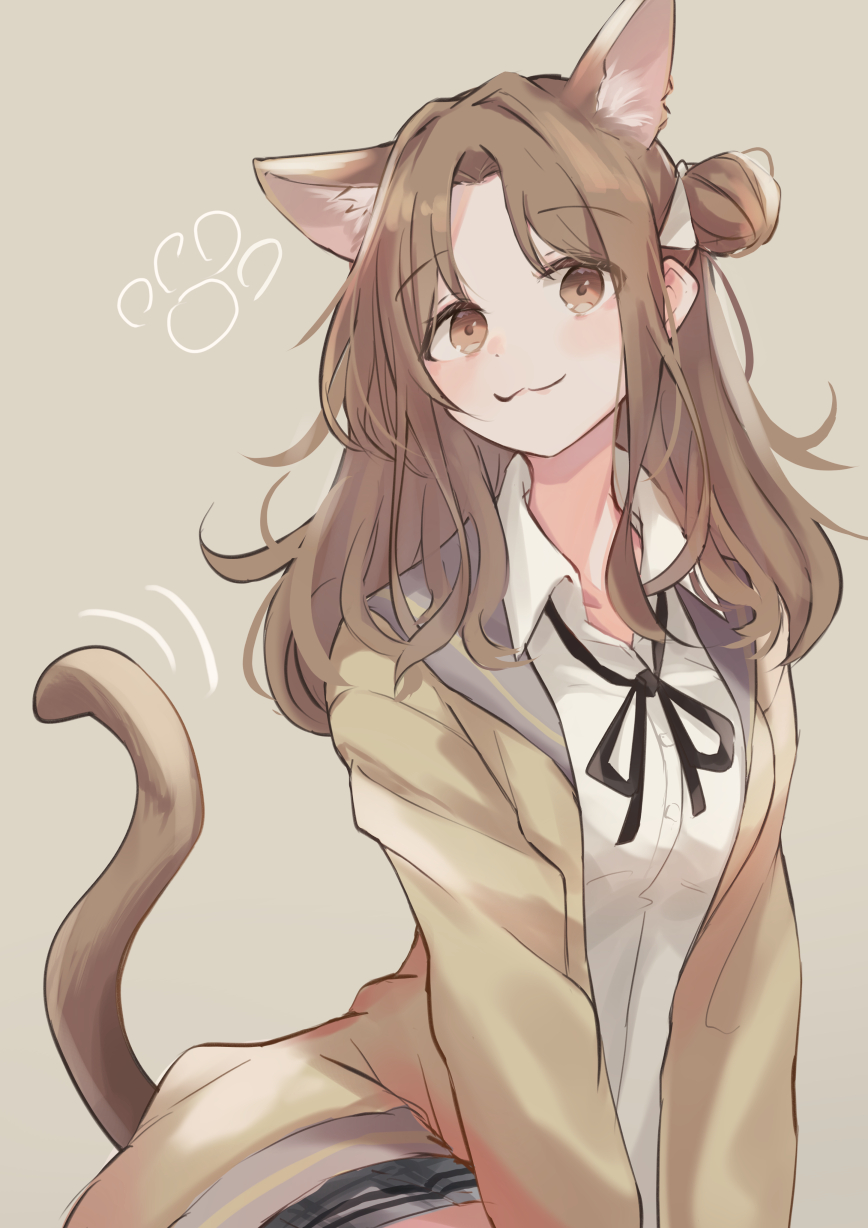 1girl, :3, animal_ears, bangs, breasts, brown_hair, cardigan, cat_ears