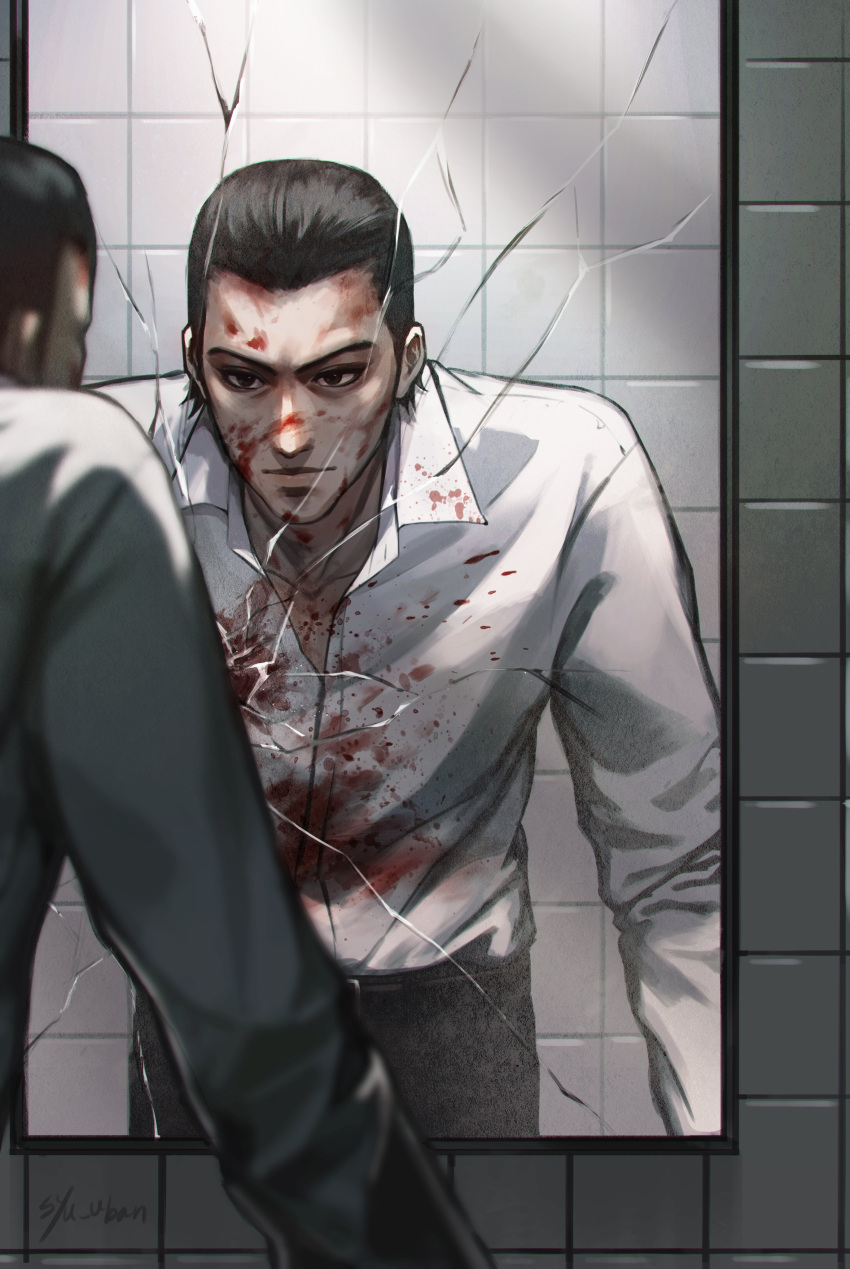 1boy, absurdres, bathroom, birthday, black_eyes, blood, blood_on_face, empty_eyes, eyebrows, hair_slicked_back, highres, nishikiyama_akira, reflection, ryuu_ga_gotoku, ryuu_ga_gotoku_1, shattered, syu_uban, tile_wall, tiles, yakuza