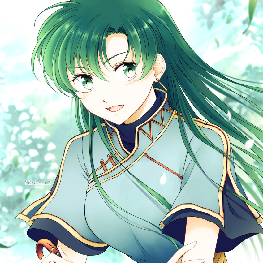 1girl, absurdres, blue_dress, dress, earrings, fire_emblem, fire_emblem:_the_blazing_blade, green_eyes