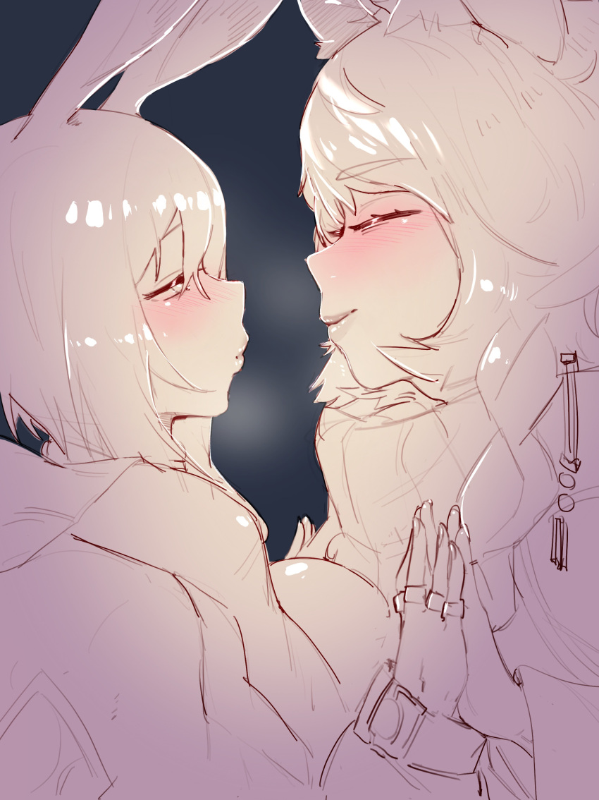 2girls, absurdres, amiya_(arknights), animal_ears, arknights, blush, braid, closed_eyes