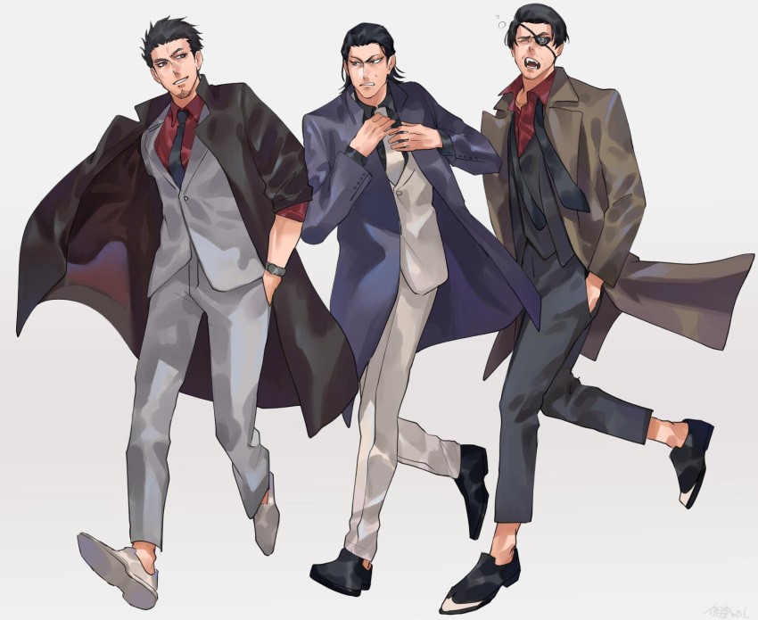 3boys, adapted_costume, alternate_universe, autumn, black_footwear, black_hair, black_jacket, black_vest