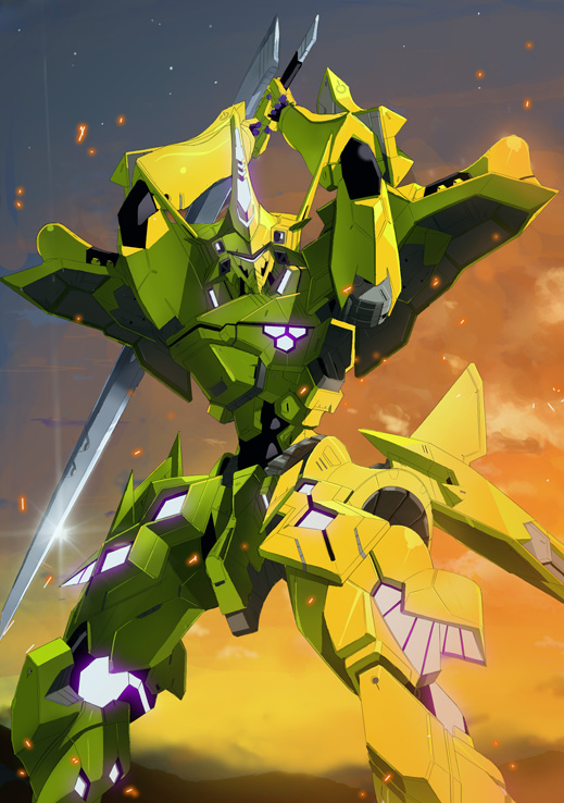 ash_(meiya1216), clouds, holding, holding_sword, holding_weapon, looking_at_viewer, mecha, muvluv, muvluv_alternative, muvluv_total_eclipse, science_fiction, shiny, sky, solo, sunset, sword, tactical_surface_fighter, takemikazuchi_(muvluv), visor, weapon