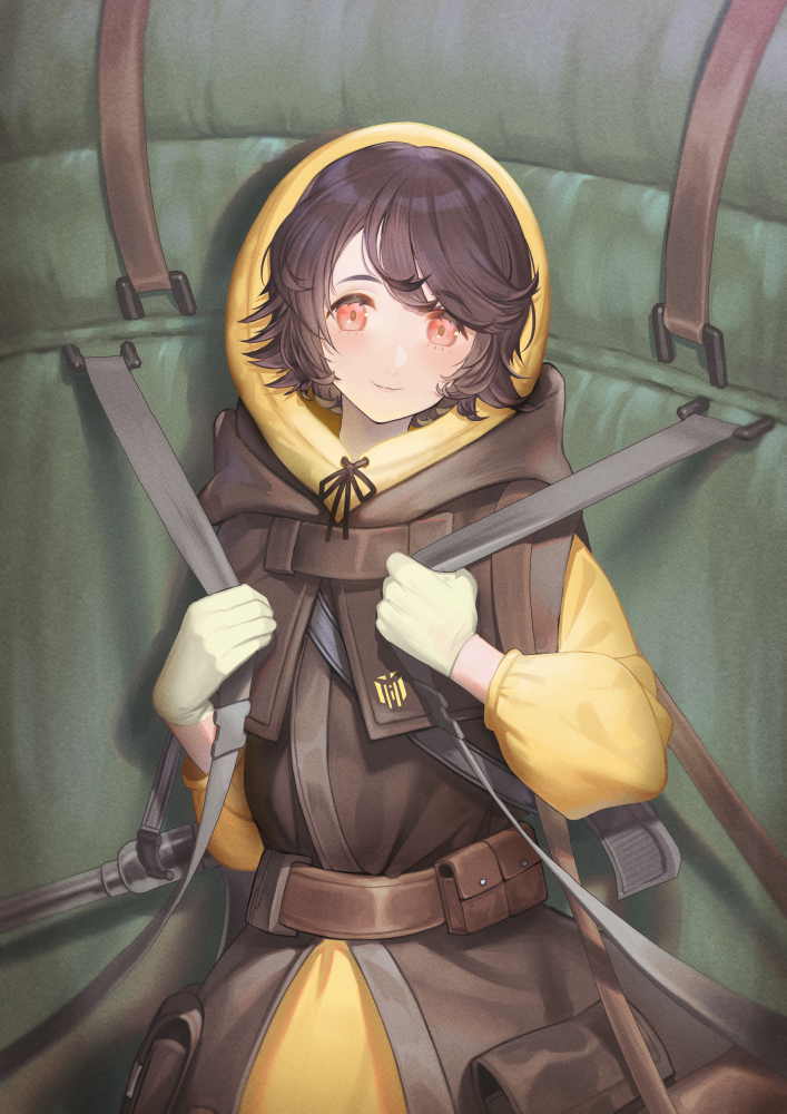 1girl, backpack, bag, bangs, blush, brown_eyes, brown_hair, eyebrows_visible_through_hair, gloves, hood, hoodie, kagimiya_mello, last_origin, looking_at_viewer, orange_eyes, short_hair, silky_(last_origin), smile, solo, white_gloves