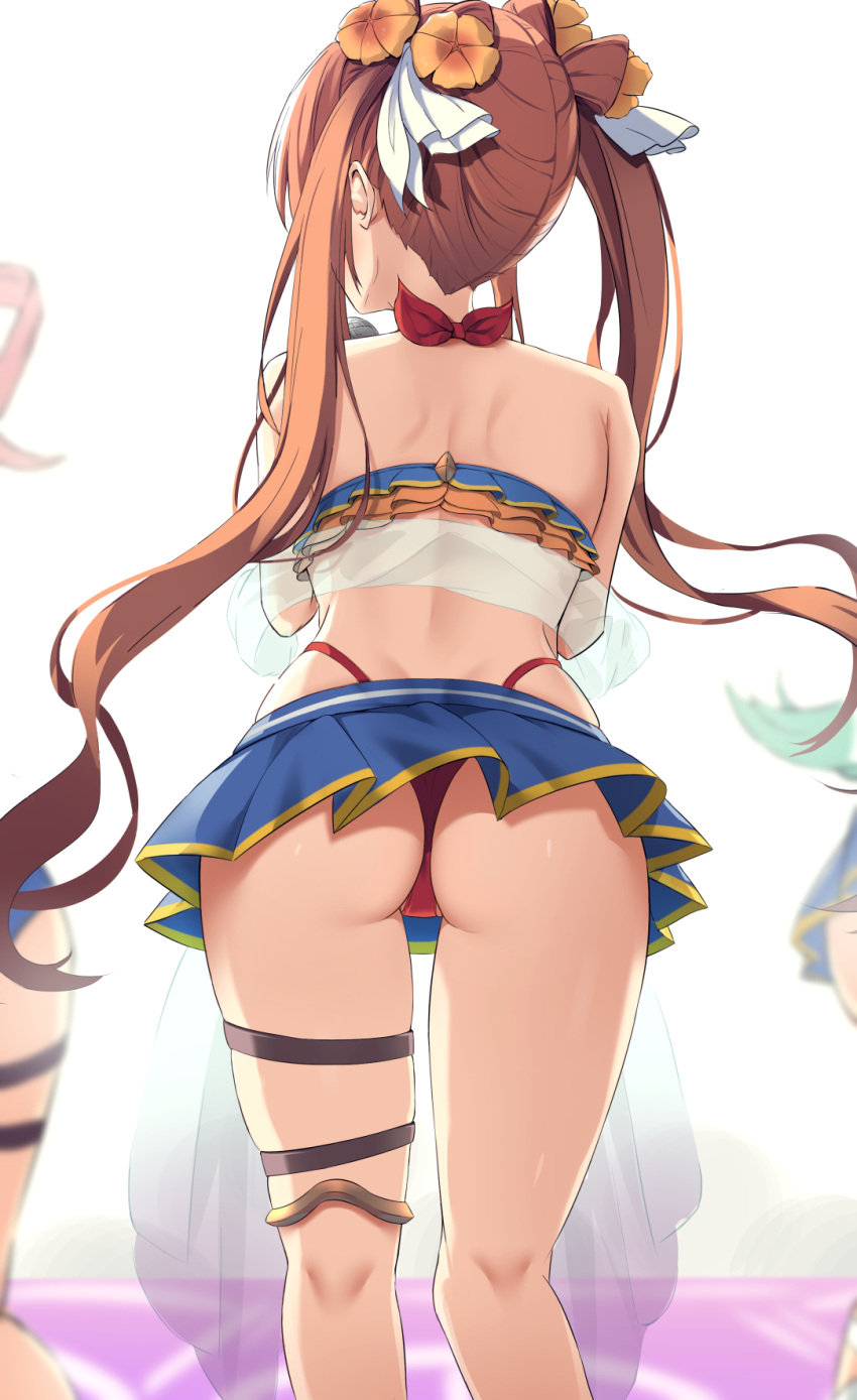 3girls, ass, back, bikini, bikini_skirt, blue_skirt, commentary, cowboy_shot, flower, frilled_bikini, frills, from_behind, hair_flower, hair_ornament, hair_ribbon, highleg, highleg_swimsuit, highres, holding, holding_microphone, kneepits, long_hair, maza_kisuke, microphone, miniskirt, multiple_girls, nozomi_(princess_connect!), pleated_skirt, princess_connect!, red_bikini, ribbon, sash, see-through, simple_background, skindentation, skirt, solo_focus, standing, swimsuit, thigh_strap, thighs, thong_bikini, twintails, white_background, white_ribbon