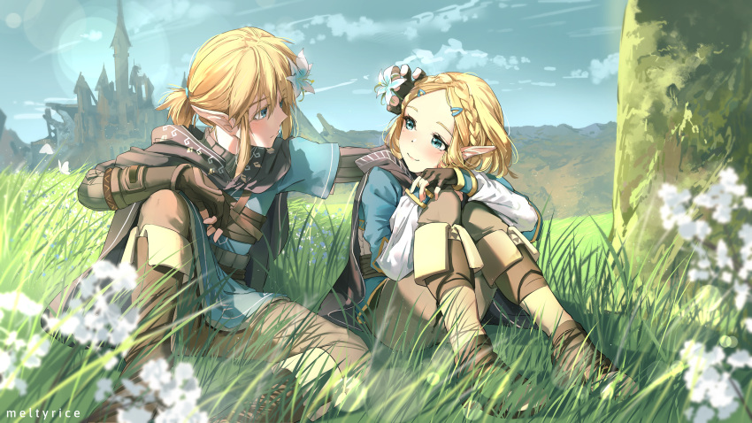 1boy, 1girl, absurdres, blonde_hair, blue_eyes, blue_sky, blurry, boots
