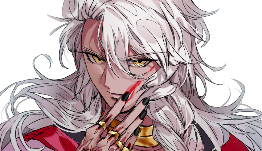 1boy, black_nails, blood, blood_on_face, braid, dark-skinned_male, dark_skin, expressionless, eyebrows_visible_through_hair, fate/grand_order, fate_(series), hair_between_eyes, hair_over_shoulder, han12sara, highres, jewelry, long_eyelashes, long_hair, male_focus, nail_polish, neck_ring, portrait, ring, simple_background, solo, solomon_(fate), white_background, white_hair, yellow_eyes