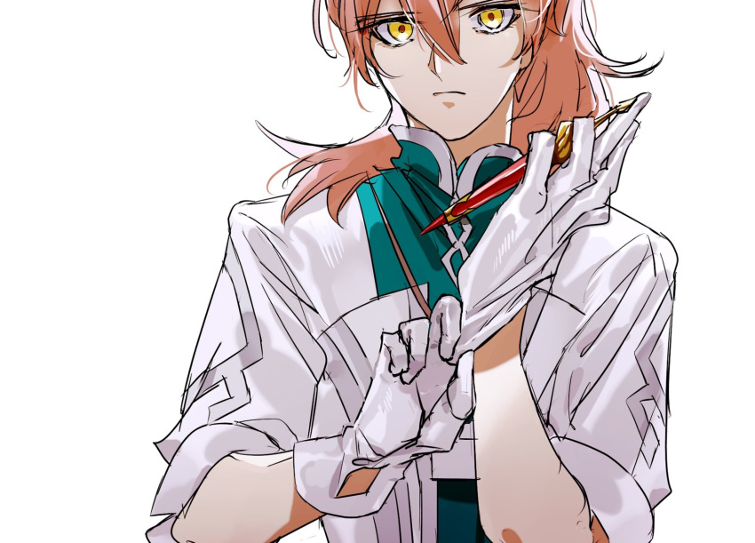 1boy, adjusting_clothes, adjusting_gloves, alternate_eye_color, chaldea_uniform, expressionless, fate/grand_order, fate_(series)