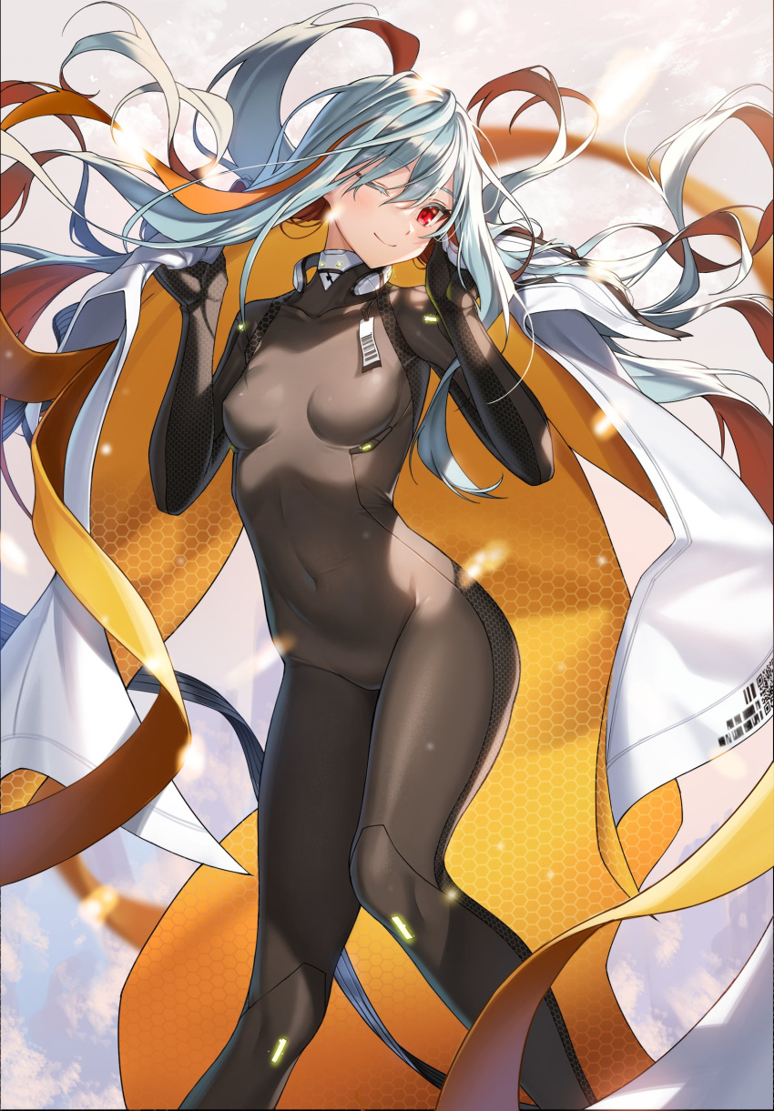 1girl, 2qba, barcode, bodysuit, breasts, counter_side, covered_navel, highres, holding, holding_clothes, honeycomb_(pattern), long_hair, looking_at_viewer, multicolored_hair, one_eye_closed, orange_hair, qr_code, red_eyes, sigma_(counter_side), silver_hair, skin_tight, small_breasts, solo
