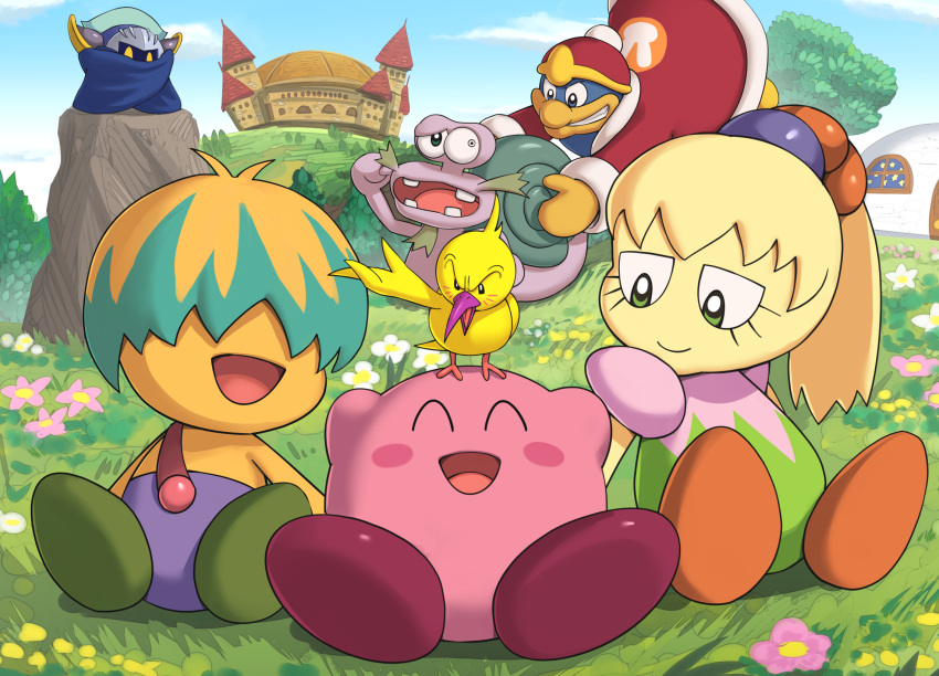 blue_sky, boulder, bun_(kirby), castle_dedede, closed_eyes, escargon, flower, fumu_(kirby), gonzarez, grass, highres, hill, king_dedede, kirby, kirby's_house, kirby:_right_back_at_ya, kirby_(series), looking_at_another, meta_knight, ponytail, sky, smile, tokkori_(kirby), tree