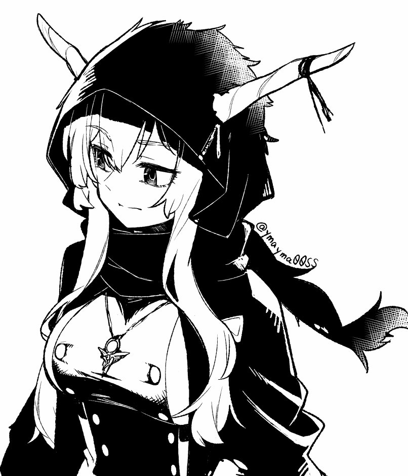 1girl, arknights, breasts, commentary, demon_horns, eyebrows_visible_through_hair, greyscale, hair_between_eyes