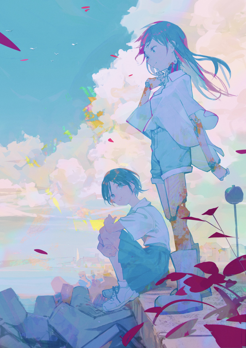 2girls, aamond, absurdres, ankle_boots, blue_eyes, blue_hair, blue_shorts, blue_skirt