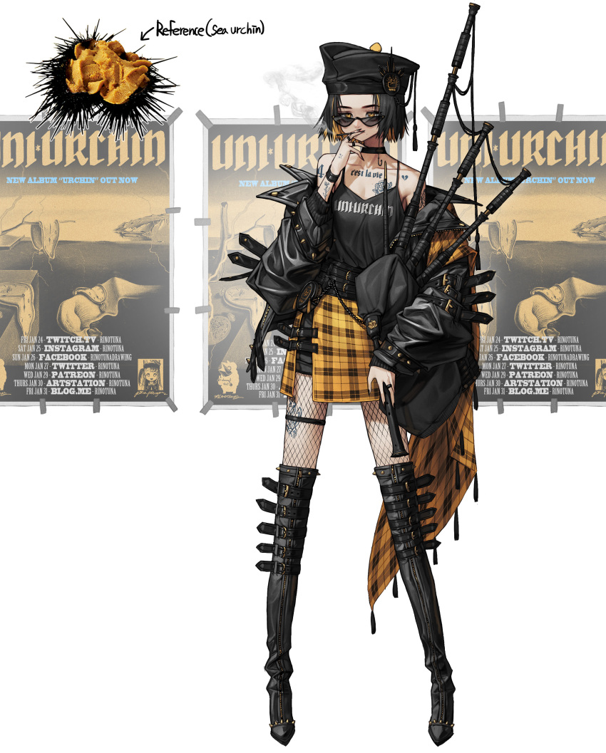 1girl, \m/, absurdres, anchor_tattoo, artstation_username, bagpipes, belt, belt_boots