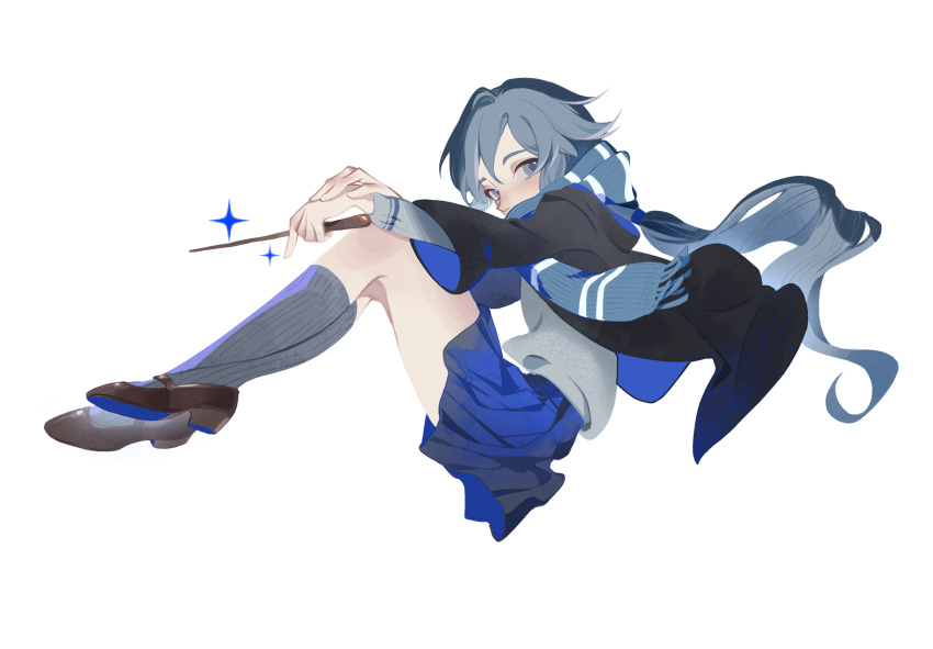 1girl, bangs, black_hair, black_jacket, blue_eyes, blue_neckwear, blue_skirt, brown_footwear