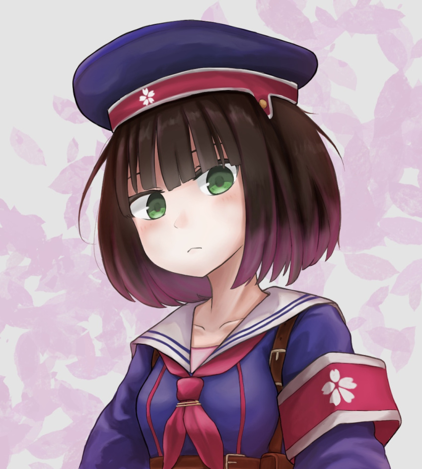 1girl, armband, bangs, blue_headwear, brown_hair, closed_mouth, collarbone, dress, girls_frontline, green_eyes, highres, long_sleeves, looking_at_viewer, neckerchief, neibaru_83, red_neckwear, sailor_collar, sailor_dress, short_hair, solo, type_4_(girls'_frontline), upper_body, white_sailor_collar