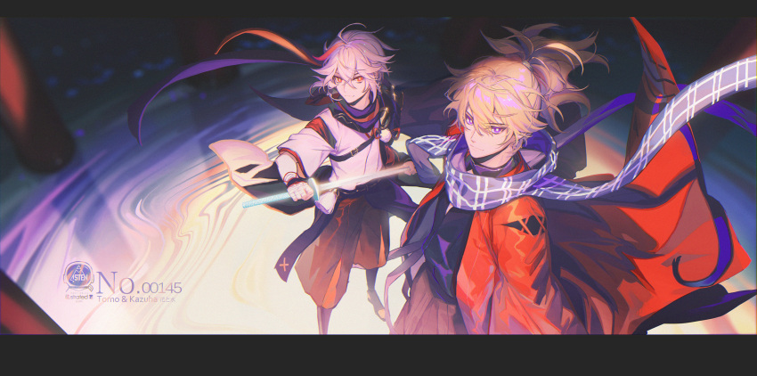 2boys, ahoge, armor, artist_name, bandaged_hand, bandages, bangs, blonde_hair