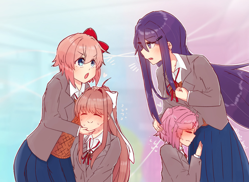 4girls, ^_^, anniversary, bangs, blazer, bow, brown_hair, brown_jacket, closed_eyes, collared_shirt, copyright_name, doki_doki_literature_club, eyebrows_visible_through_hair, geppei, grass, hair_bow, hair_intakes, highres, jacket, kentylevel, lying, monika_(doki_doki_literature_club), multiple_girls, natsuki_(doki_doki_literature_club), on_back, open_mouth, orange_vest, pink_hair, ponytail, purple_hair, red_bow, sayori_(doki_doki_literature_club), school_uniform, shirt, short_hair, smile, vest, white_shirt, yuri_(doki_doki_literature_club)