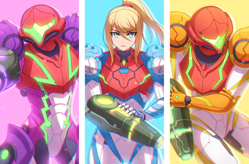 1girl, arm_cannon, blue_background, blue_eyes, enni, gravity_suit, helmet, highres